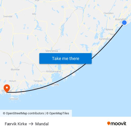 Færvik Kirke to Mandal map