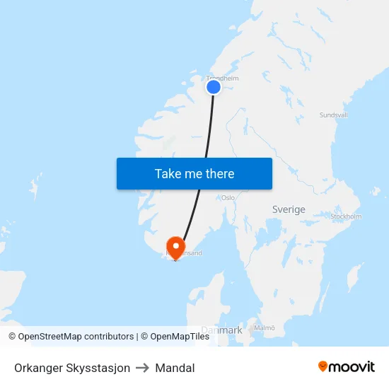 Orkanger Skysstasjon to Mandal map