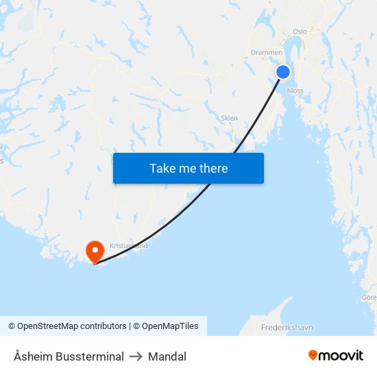 Åsheim Bussterminal to Mandal map