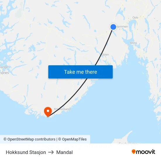 Hokksund Stasjon to Mandal map