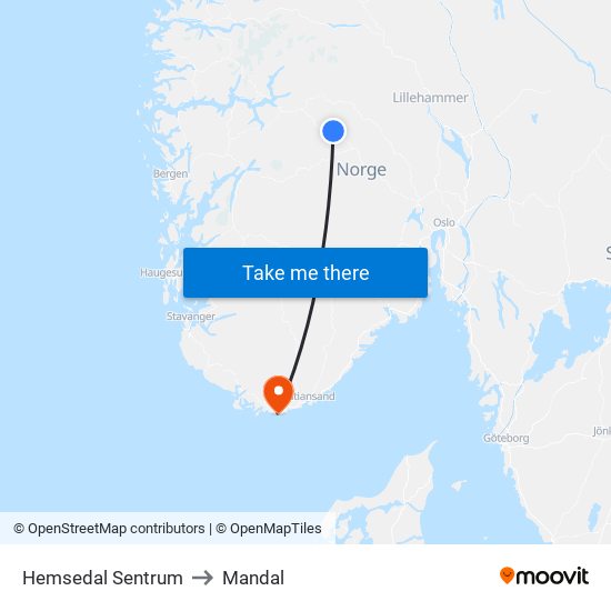 Hemsedal Sentrum to Mandal map