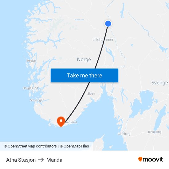 Atna Stasjon to Mandal map