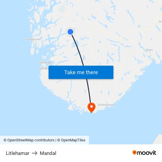 Litlehamar to Mandal map