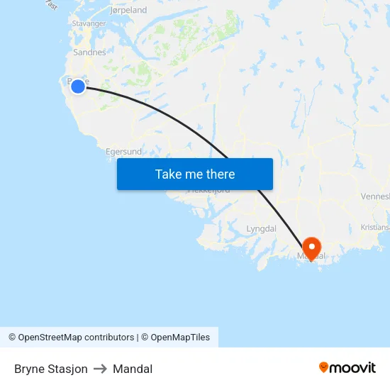 Bryne Stasjon to Mandal map