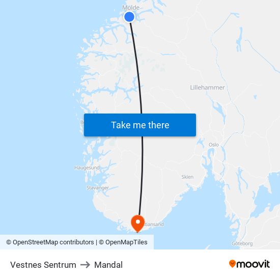 Vestnes Sentrum to Mandal map