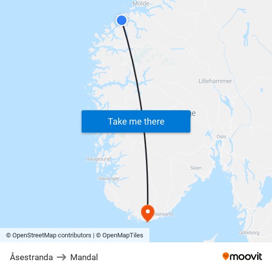 Åsestranda to Mandal map