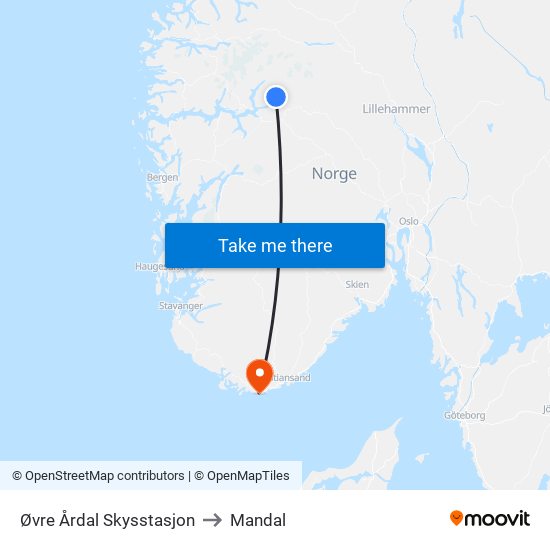 Øvre Årdal Skysstasjon to Mandal map