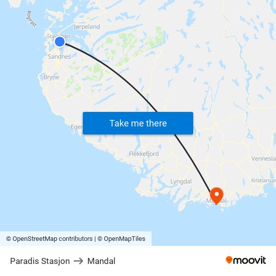 Paradis Stasjon to Mandal map