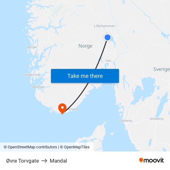 Øvre Torvgate to Mandal map