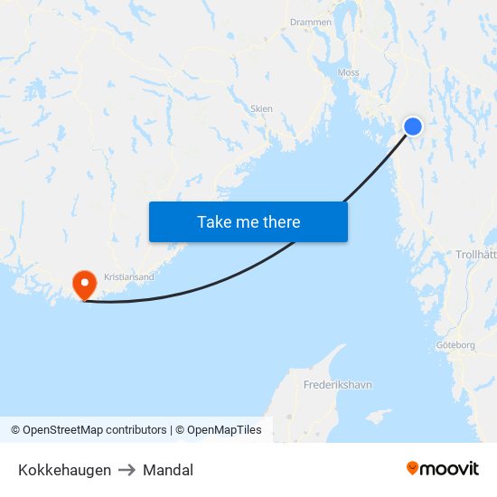 Kokkehaugen to Mandal map