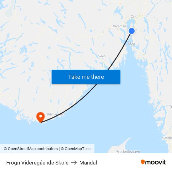 Frogn Videregående Skole to Mandal map