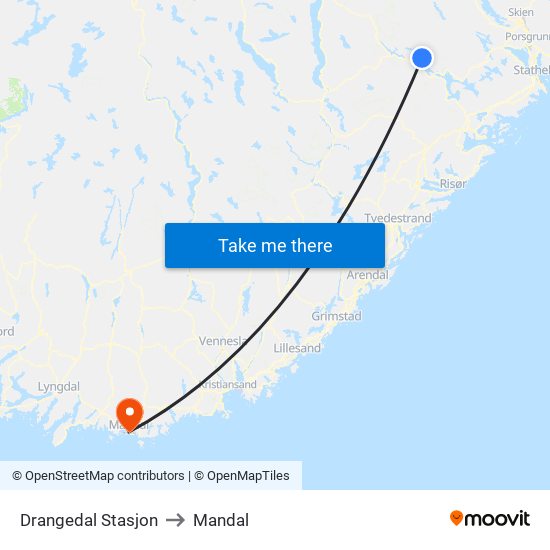 Drangedal Stasjon to Mandal map