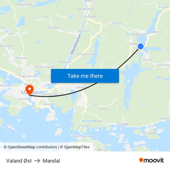 Valand Øst to Mandal map