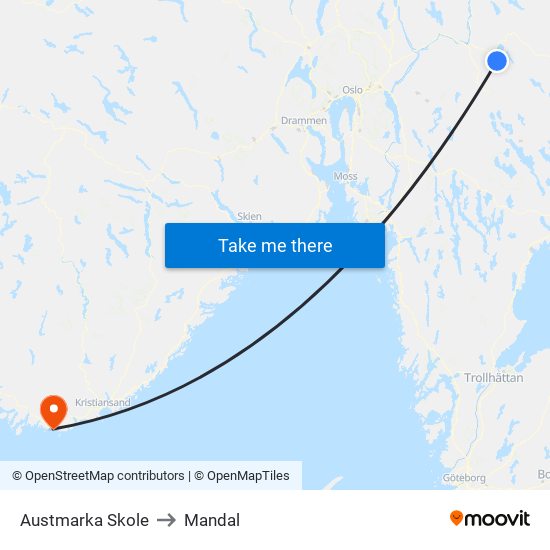 Austmarka Skole to Mandal map