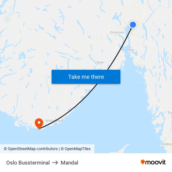 Oslo Bussterminal to Mandal map