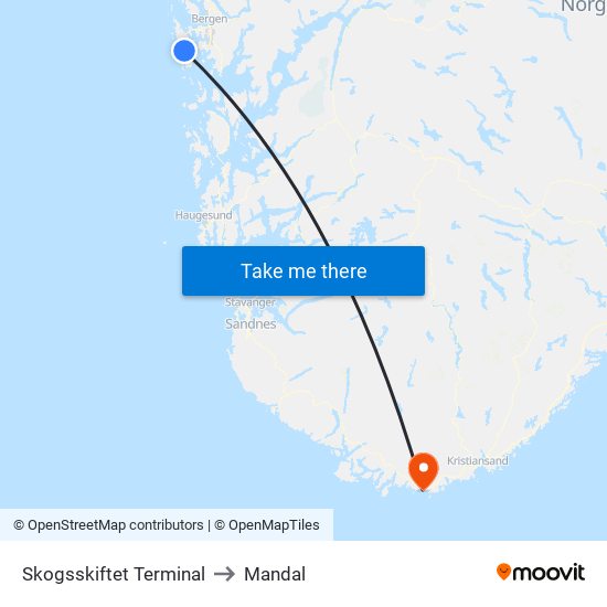 Skogsskiftet Terminal to Mandal map