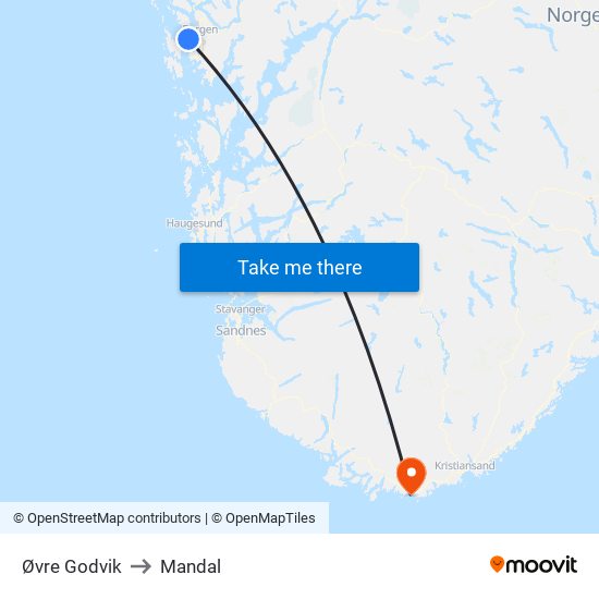 Øvre Godvik to Mandal map