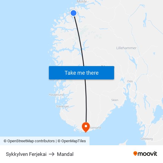 Sykkylven Ferjekai to Mandal map