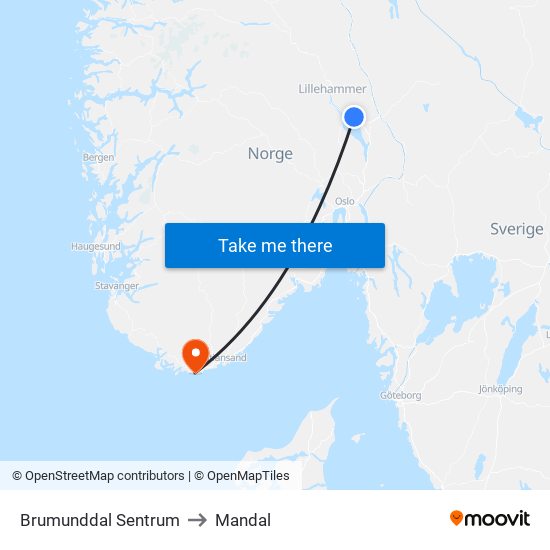 Brumunddal Sentrum to Mandal map