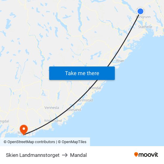 Skien Landmannstorget to Mandal map