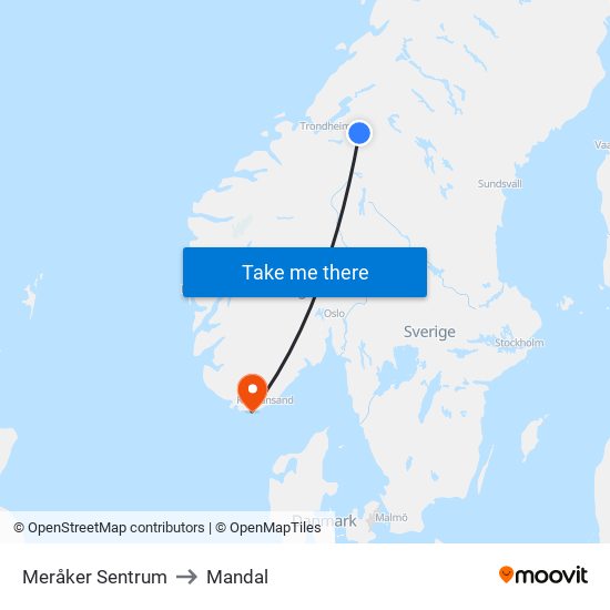 Meråker Sentrum to Mandal map