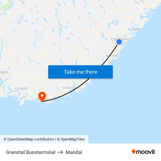 Grenstøl Bussterminal to Mandal map