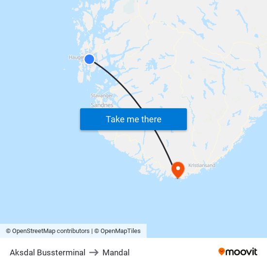 Aksdal Bussterminal to Mandal map