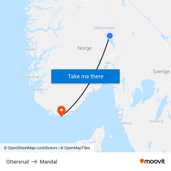 Ottersrud to Mandal map