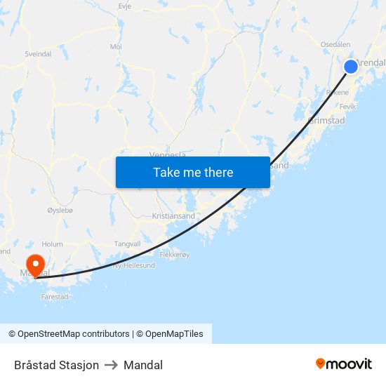 Bråstad Stasjon to Mandal map