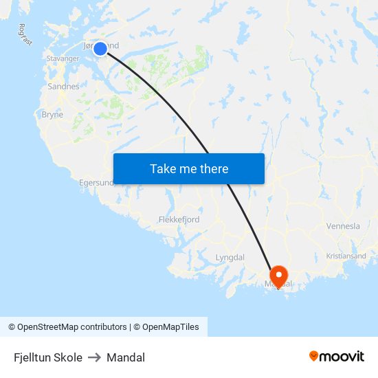 Fjelltun Skole to Mandal map