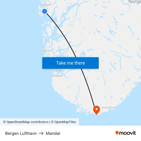 Bergen Lufthavn to Mandal map