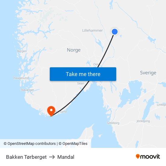 Bakken Tørberget to Mandal map