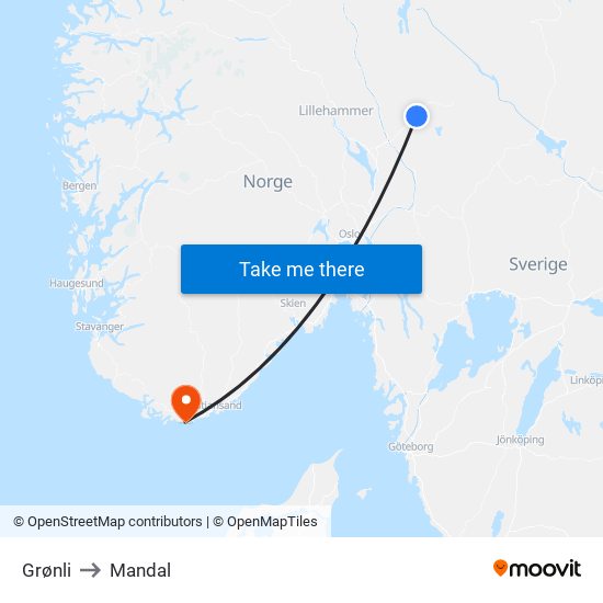 Grønli to Mandal map