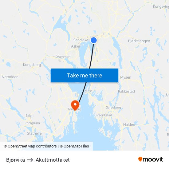 Bjørvika to Akuttmottaket map