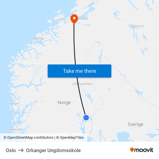 Oslo to Orkanger Ungdomsskole map