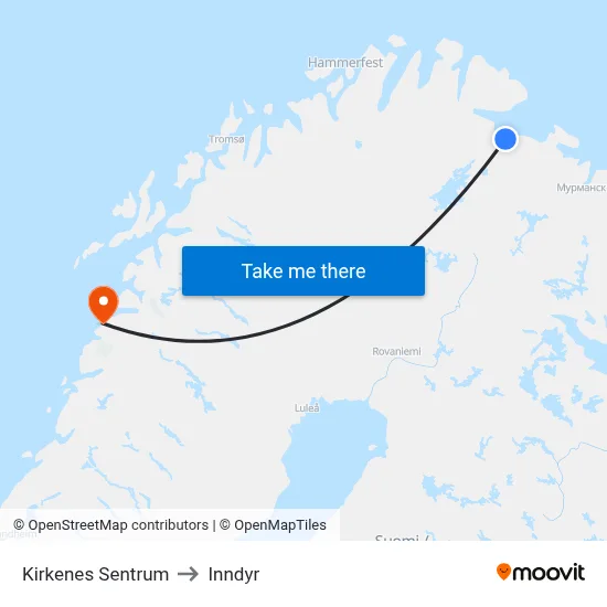 Kirkenes Sentrum to Inndyr map
