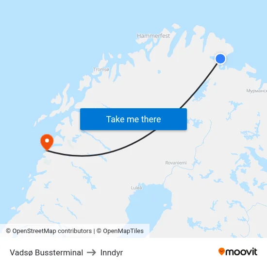 Vadsø Bussterminal to Inndyr map
