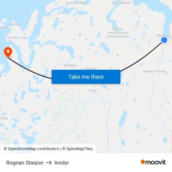 Rognan Stasjon to Inndyr map