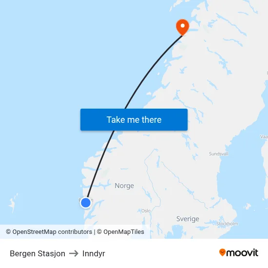 Bergen Stasjon to Inndyr map