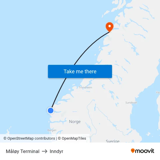 Måløy Terminal to Inndyr map