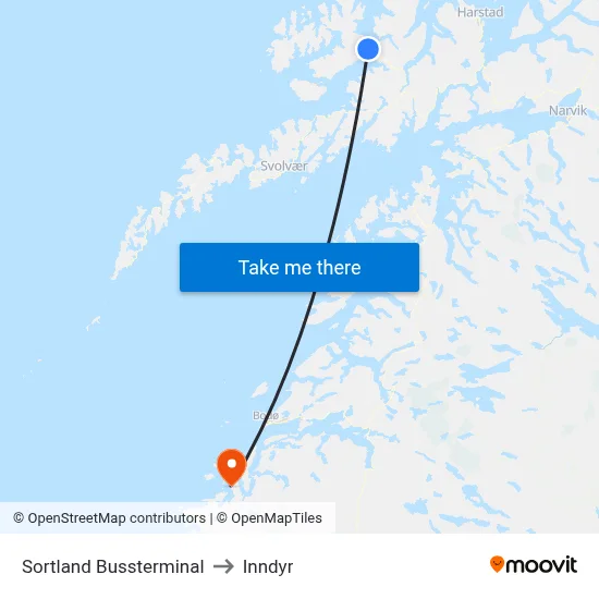 Sortland Bussterminal to Inndyr map