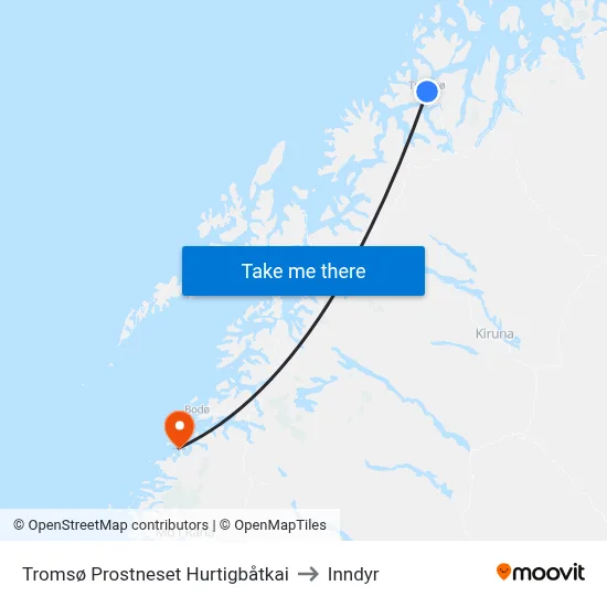 Tromsø Prostneset Hurtigbåtkai to Inndyr map