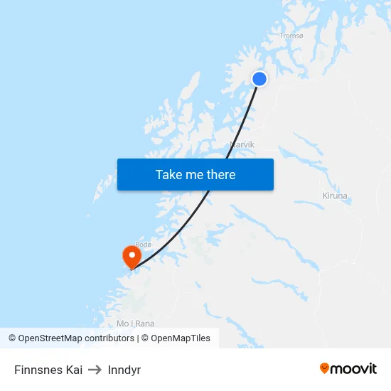 Finnsnes Kai to Inndyr map