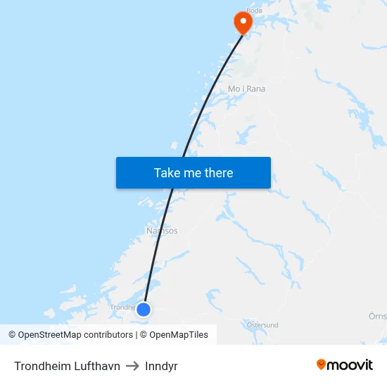 Trondheim Lufthavn to Inndyr map