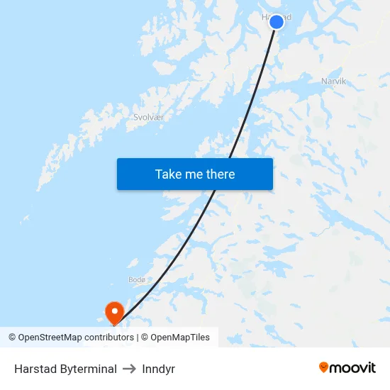 Harstad Byterminal to Inndyr map
