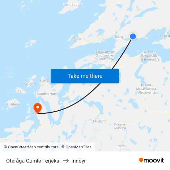 Oteråga Gamle Ferjekai to Inndyr map