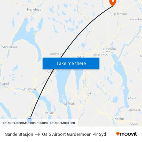 Sande Stasjon to Oslo Airport Gardermoen Pir Syd map