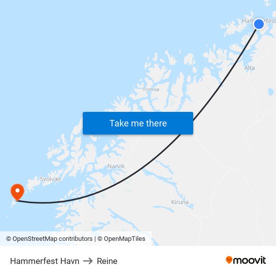 Hammerfest Havn to Reine map