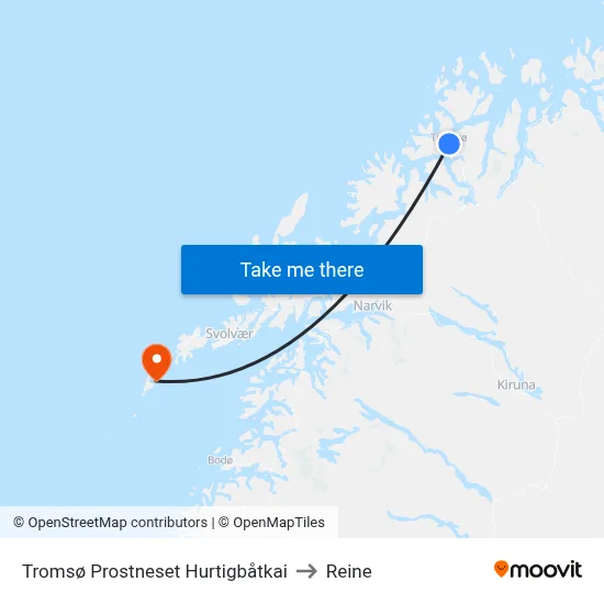 Tromsø Prostneset Hurtigbåtkai to Reine map
