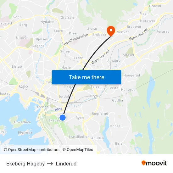 Ekeberg Hageby to Linderud map